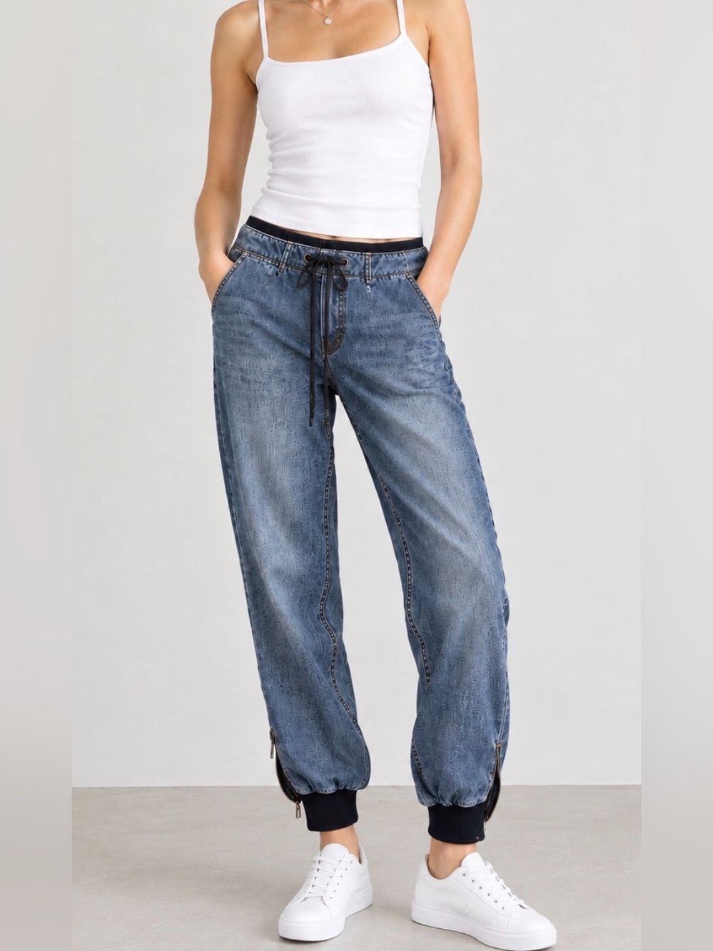 BCBGMaxAzria Blue Denim Jogger Jeans with Drawstring Waist